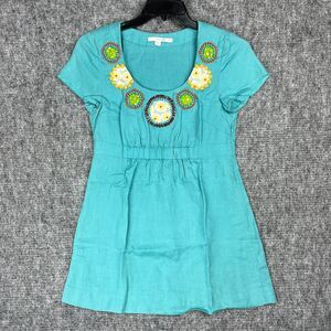 Boden Top Womens 6‎ Blue Linen Tunic Boho Embellished Elastic Waist Beaded